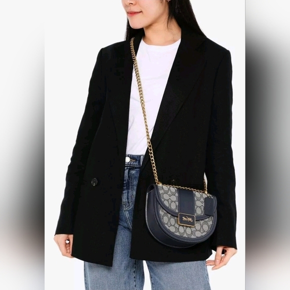 Coach Handbags - Coach Alie Saddle Crossbody Bag Navy‎ Blue and Gold Signature Jacquard Purse